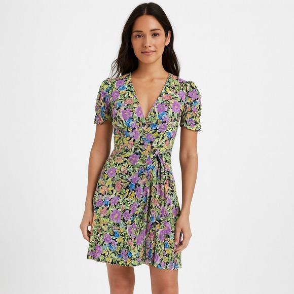 Zara Dresses & Skirts - Zara Floral Wrap Mini Dress Short Sleeve Button Side Ruched Green Purple Size XS